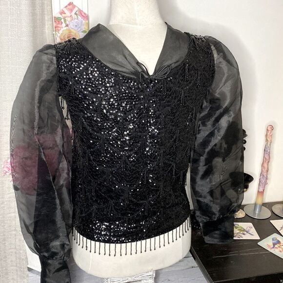 🌹 Gorgeous 100% Wool Vintage Sheer Puffed Sleeve Sequin Beaded Jacket 🌹 - Picture 10 of 10